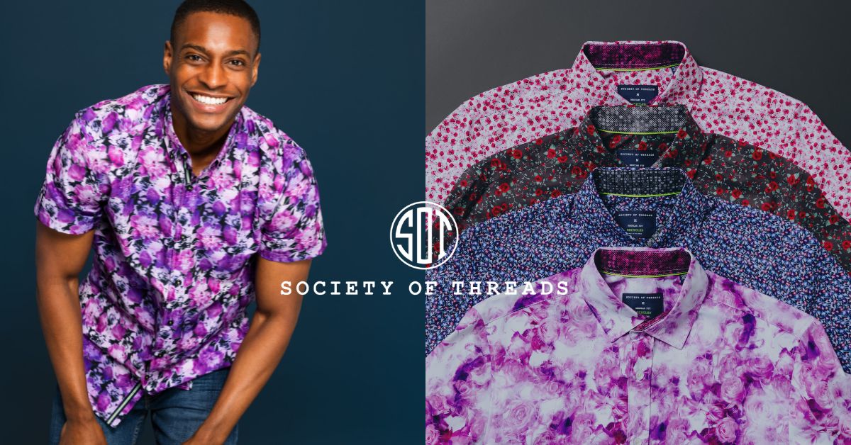 society of threads dress shirts Society Of Threads Men's Regular Fit Non-Iron Performance Stretch Micro Flower Print Button-Down Shirt